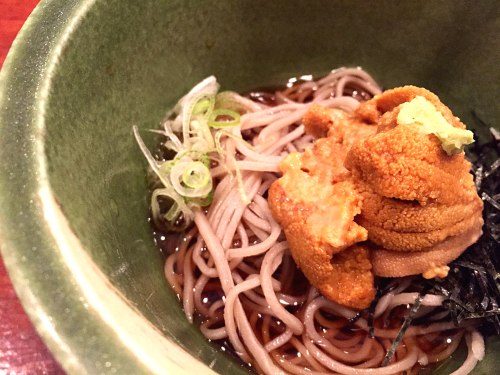 Handmade soba topped with sweet Maine uni at 15 East.